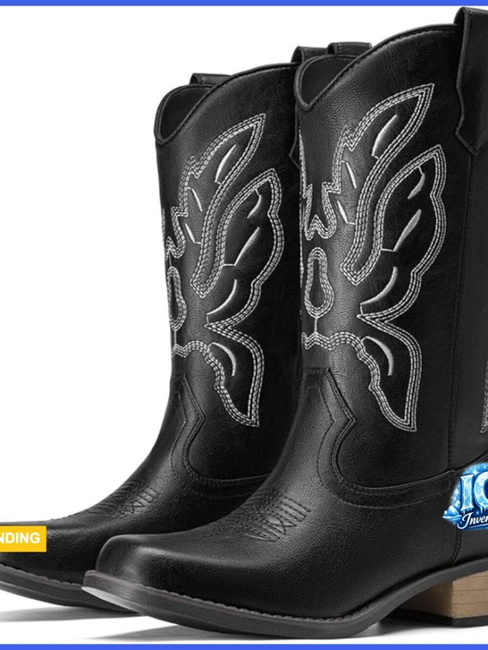 Mid Calf Square Toe Western Boots with Embroidery Chunky Heel Pull On